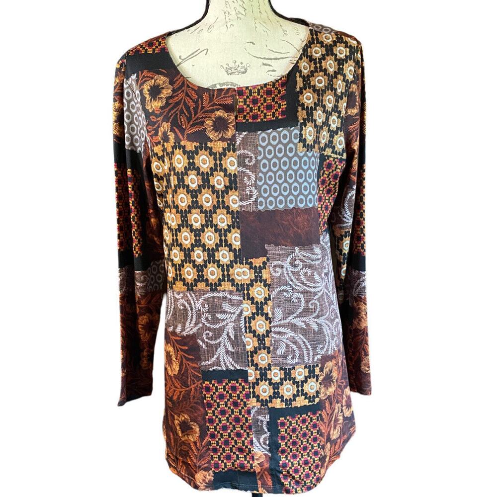 Retro Mely New York Womens L Patchwork Earth Tone V-Neck Boho Shift Dress
